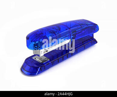 Blue stapler isolated on white background. It is an office tool for stapling paper. Stock Photo