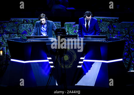 Players compete in the Dota 2 International game during the TI9 grand final match in Shanghai, China, 25 August 2019. An unforgettable Dota 2 Internat Stock Photo