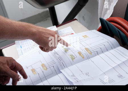 workmen and engineer working an planing on the job showing hands Stock Photo