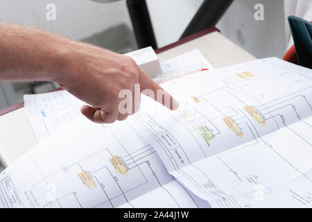 workmen and engineer working an planing on the job showing hands Stock Photo