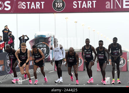 Vienna, Austria. 12th Oct, 2019. Kenya's Eliud Kipchoge (5th R) starts during the match of '1:59 challenge' in Vienna, Austria, on Oct. 12, 2019. Kipchoge attempted to run a sub two-hour marathon here. Credit: Guo Chen/Xinhua/Alamy Live News Stock Photo