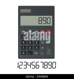 Realistic illustration of a plastic math calculator with buttons and display. Set of digital numbers with space for text - vector Stock Vector