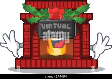 Virtual reality christmas fireplace on of cartoon table Stock Vector