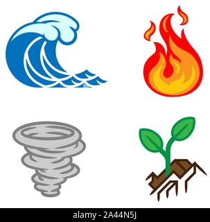 Four Elements Earth Water Air Fire Icon Set Stock Vector