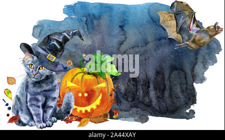 A black cat in a witch's hat next to a pumpkin on black background Stock Photo