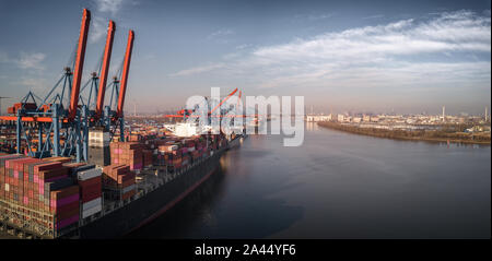 Aerial view of a container terminal in the port of Hamburg on the South Elbe River Stock Photo