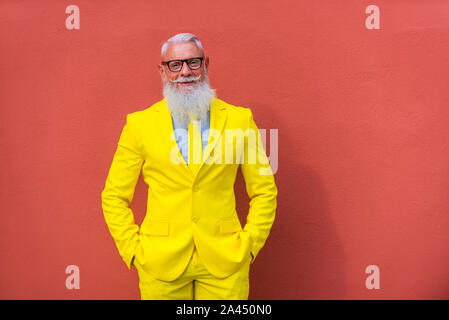 Senior man with eccentric look - Youthful hipster man with beard portrait Stock Photo