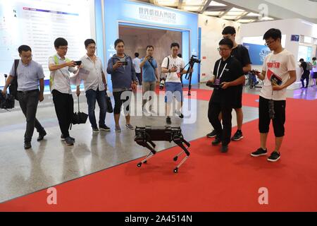 A four-legged robot dog called 'Laikago' developed by Unitree is displayed during the 2019 Word Robot Conference (WRC) in Beijing, China, 20 August 20 Stock Photo