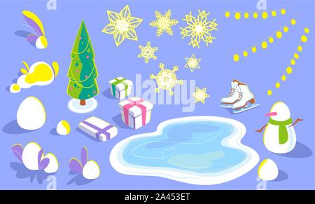 Set of xmas elements for concept design, illustrations, cards in isometric view. winter holiday objects in flat, christmas tree, snowflakes, snowdrifts, ice rink, skates, snowman, gift boxes, garlands. Stock Vector