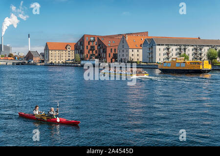 COPENHAGEN, DENMARK - SEPTEMBER 21, 2019: Green kayakers collect garbage from the river in Copenhagen Denmark. Stock Photo