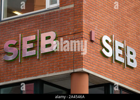 Swedish financial group for corporate customers, institutions and private individuals with headquarters in Stockholm, Skandinaviska Enskilda Banken AB (SEB) logo seen in Lindholmen Science Park, Gothenburg. Stock Photo