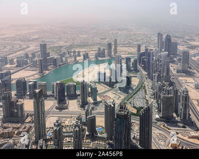Aerial view of Downtown Dubai, Skyscrapers and landmarks, view of Dubai mall and the Dubai fountain. From Burj Khalifa, the highest tower in the world Stock Photo
