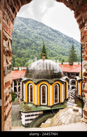 Domes of the Rila Monastery seen from above, Bulgaria Stock Photo