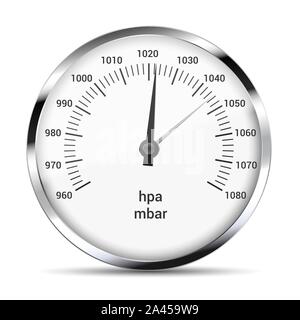 Realistic illustration of round metallic barometer for atmospheric pressure and weather measurement with hand, arrow and numbers. Isolated on white ba Stock Vector