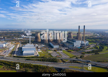 Aerial photo of the Ferrybridge Power Station located in the Castleford area of Wakefield in the UK, showing the power station cooling towers. Stock Photo