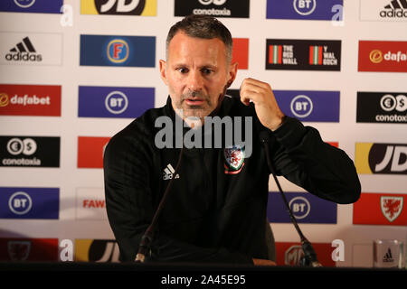 Cardiff, UK. 12th Oct, 2019. Ryan Giggs, the Wales football team manager during a press conference at the Vale Resort, Hensol near Cardiff on Saturday 12th October 2019. the team are preparing for their forthcoming UEFA Euro 2020 quailfier against Croatia tomorrow. pic by Andrew Orchard/Alamy Live News Stock Photo