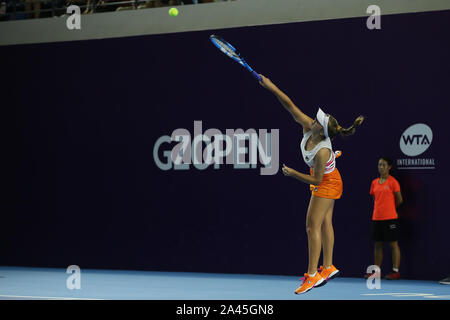 American professional tennis player Sofia Kenin plays against German professional tennis player Laura Siegemund at the first round of WTA Guangzhou Op Stock Photo