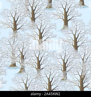 Seamless Natural Pattern, Landscape, Winter Forest, Trees with Brown Trunks and Branch and White Snow, Tile Background. Vector Stock Vector