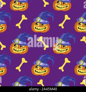 Halloween Decoration Seamless Pattern with Pumpkin and Spider Isolated on Purple Background Stock Vector