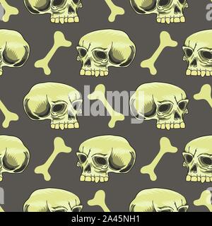 Old Human Skull Seamless Pattern on Grey Background Stock Vector
