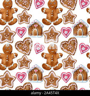 Cakes, hearts, ribbons and Christmas elements isolated on a white background. Endless texture, pattern. Greeting card, decoration for Christmas Stock Photo