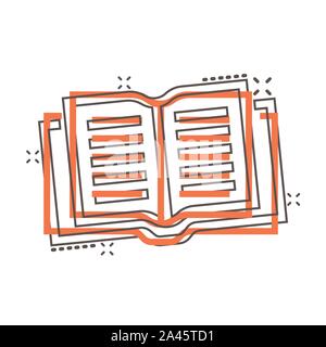 Vector cartoon open book icon in comic style. Text book concept illustration pictogram. Education library business splash effect concept. Stock Vector