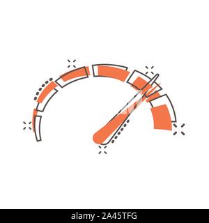 Meter dashboard icon in comic style. Credit score indicator level vector cartoon illustration pictogram. Gauges with measure scale business concept sp Stock Vector