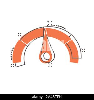 Meter dashboard icon in comic style. Credit score indicator level vector cartoon illustration pictogram. Gauges with measure scale business concept sp Stock Vector
