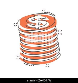 Coins stack icon in comic style. Dollar coin vector cartoon illustration pictogram. Money stacked business concept splash effect. Stock Vector