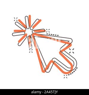 Computer mouse cursor icon in comic style. Arrow cursor vector cartoon illustration pictogram. Mouse aim business concept splash effect. Stock Vector