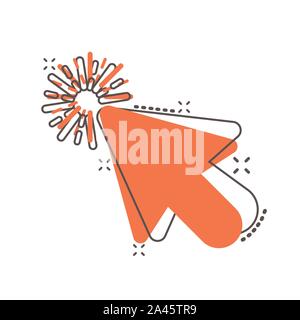 Computer mouse cursor icon in comic style. Arrow cursor vector cartoon illustration pictogram. Mouse aim business concept splash effect. Stock Vector