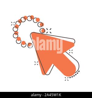 Computer mouse cursor icon in comic style. Arrow cursor vector cartoon illustration pictogram. Mouse aim business concept splash effect. Stock Vector