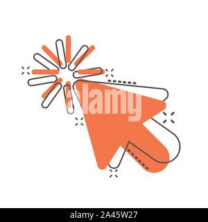 Computer mouse cursor icon in comic style. Arrow cursor vector cartoon illustration pictogram. Mouse aim business concept splash effect. Stock Vector