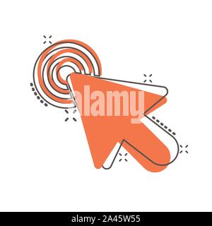 Computer mouse cursor icon in comic style. Arrow cursor vector cartoon illustration pictogram. Mouse aim business concept splash effect. Stock Vector