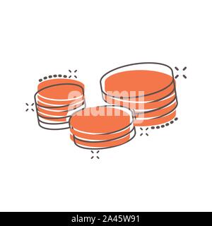 Coins stack icon in comic style. Coin cash vector cartoon illustration pictogram. Money stacked business concept splash effect. Stock Vector