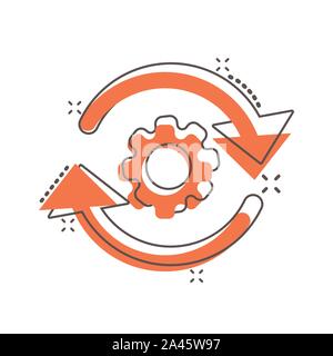 Workflow process icon in comic style. Gear cog wheel with arrows vector cartoon illustration pictogram. Workflow business concept splash effect. Stock Vector