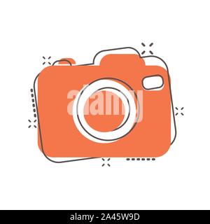 Photo camera icon in comic style. Photographer cam equipment vector cartoon illustration pictogram. Camera business concept splash effect. Stock Vector