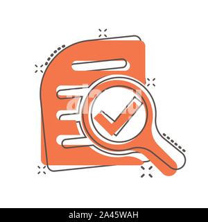Scrutiny document plan icon in comic style. Review statement vector cartoon illustration pictogram. Document with magnifier loupe business concept spl Stock Vector