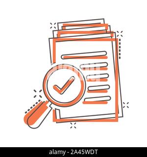 Scrutiny document plan icon in comic style. Review statement vector cartoon illustration pictogram. Document with magnifier loupe business concept spl Stock Vector