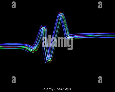 Long exposure photograph of a heart beat line shape symbol in neon multi color against a black background. Light painting photography. Stock Photo