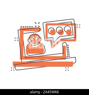 Online training process icon in comic style. Webinar seminar vector cartoon illustration pictogram. E-learning business concept splash effect. Stock Vector