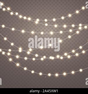 Golden Christmas lights isolated on transparent background. Xmas glowing garland. Holiday decorative design elements. Garlands decorations. Vector Stock Vector