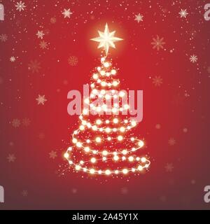 Garland in form of Christmas tree with star on red background. Xmas glowing garland. Holiday decorative design elements. Garlands decorations. Vector Stock Vector