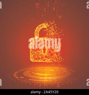 Hacking program or network. Broken padlock on red technology background. Antivirus security system. Computer virus attack. Vector illustration Stock Vector