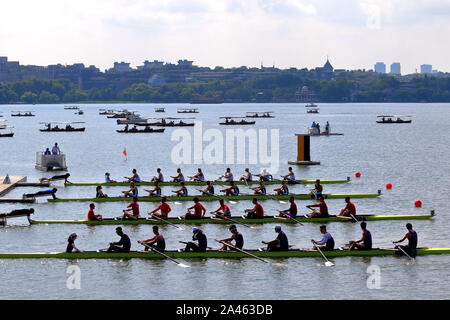 Four rowing teams compete against each other at the West-lake during the 2019 World Famous Campus Sports Series - Hangzhou West-lake Rowing Race in Ha Stock Photo