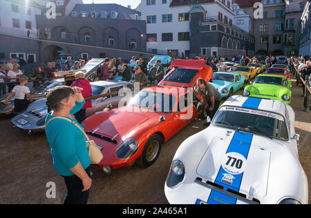 Dresden, Germany. 12th Oct, 2019. Melkus sports cars are at a meeting of about 40 cars in the Stallhoff. 50 years ago the GDR racing car Melkus RS 1000 was presented to the public. From 1969 to 1979 101 vehicles were built in Dresden. The purchase of a car was linked to the participation in sporting events. Credit: Robert Michael/dpa-Zentralbild/dpa/Alamy Live News Stock Photo