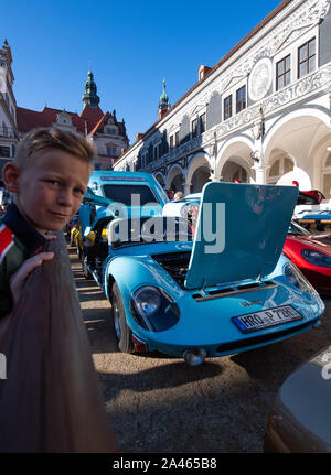 Dresden, Germany. 12th Oct, 2019. Melkus sports cars are at a meeting of about 40 cars in the Stallhoff. 50 years ago the GDR racing car Melkus RS 1000 was presented to the public. From 1969 to 1979 101 vehicles were built in Dresden. The purchase of a car was linked to the participation in sporting events. Credit: Robert Michael/dpa-Zentralbild/dpa/Alamy Live News Stock Photo