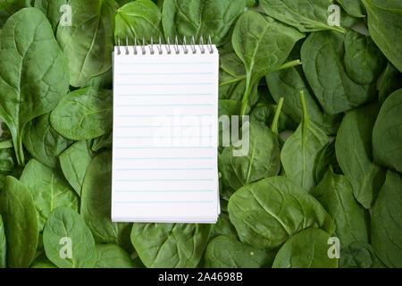 tear-off notepad for recipe or shopping list on a full frame background from fresh organic spinach leaves, copy space, high angle top view from above Stock Photo