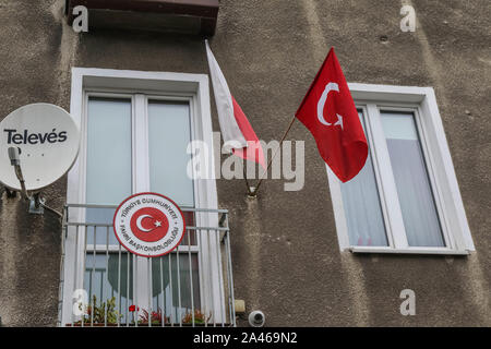 Gdansk, Poland. 12th, October 2019 Flags of Poland and Turkey on Turkish Consulate are seen in Gdansk, Poland on 12 October 2019  People protest against Turkey's military invasion in Syria.  © Vadim Pacajev / Alamy Live News Stock Photo