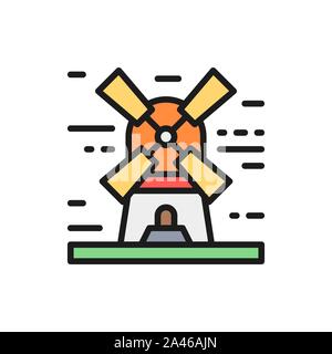 Windmill landscape flat color line icon. Isolated on white background Stock Vector